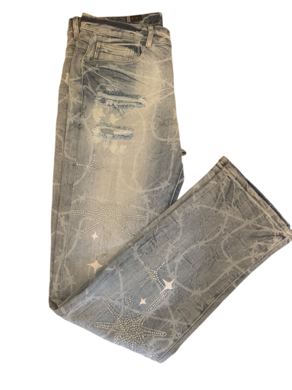 Men's Straight Grey Distressed Jeans with Star Stud Embellishments 32 x 32